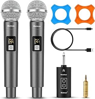 Wireless Microphone, UHF Dual Handheld Cordless Dynamic Metal Mic Set with Rechargeable Receiver, 1/4'' Plug Output, for Karaoke, Church, Wedding, Party Singing(98 ft Range)(Auto Connect)
