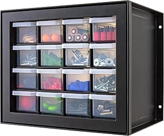Small Plastic Storage Drawers, Made in USA, 16-Drawer Organizer, Stackable Teacher Toolbox for Crafts, Crayons, Beads, Screws, Hardware, Building Bricks, Desk & Garage Storage – Black