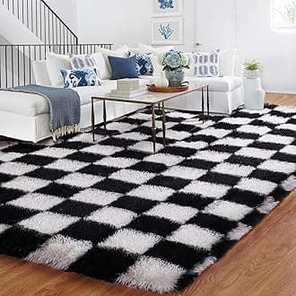 Large Rugs for Living Room, Checkered 180x270cm Black and White Bedroom Area Rugs for Kids Baby Room, Nursery, Dorm, Lounge, Thick Rug Soft Fluffy Plush Checkerboard Carpet