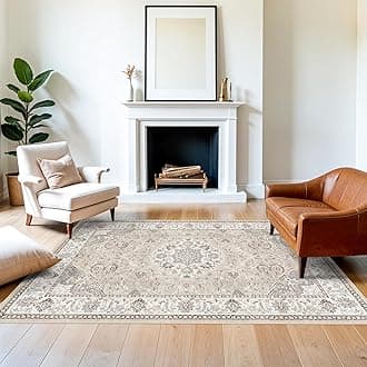 5x7 Living Room Area Rugs: Washable Non-Slip Stain Resistant Rug for Bedroom Dining Room Vintage Ultra Soft Indoor Carpet for Nursery Kitchen Farmhouse Thin Floor Mat for Home Office (5x7 Beige)