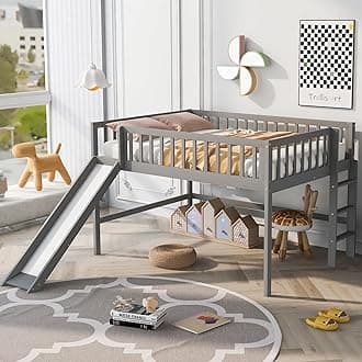 Bellemave Full Size Low Loft Bed with Slide, High Guardrail & Ladder,Loft beds with Safety Rails,Wooden Full Loft Bed Frame for Kids,Boys,Girls,No Box Spring Needed.(Gray)