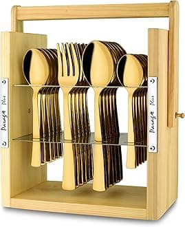 Parage 25 Pieces Stainless Steel Cutlery Set with Wooden Hanging Stand (Contains: 6 Tea Spoons, 6 Table Spoons, 6 Table Forks, 6 Dinner Spoon, Stylish Premium PVD Gold Spoon Set, Hanging Shelves)