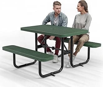 Commercial Heavy-Duty Metal Picnic Table - ADA Compliant, Adjustable Seats, Umbrella Hole, Expanded Metal (Green, 4' Rectangular)