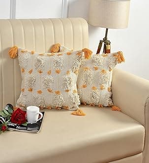 Furnistitchs Premium Decorative Throw Cushion Pillow Cover Boho Home Decor - Living Room Bedroom Couch Sofa Cushion Covers 16 inch x 16 inch (Mustard Tassels, 1)