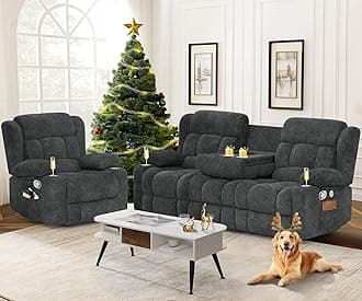 Loveseat Recliner Sofa Set, Flip Middle Backrest Design 3 Seater Reclining Sofa and Single Oversized Recliner Chair, Manual Couches for Living Room/RV (Gray, 3+1)
