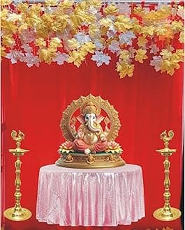 Lazybeee 17pcs Elegant Red Sheer Backdrop Net Cloth with Gold & Silver Maple String & for a Festive Home Decor Celebration Enhance Your Home with Ganpati Pandal Decoration Kit
