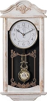 Clockswise Large Vintage Grandfather Wood- Looking Plastic Pendulum Wall Clock for Living Room, Kitchen, or Dining Room, Large White