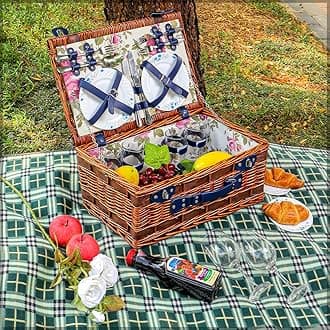 – YAHOME 4 Person Hamper Basket Wicker Basket for 4, Handmade Willow Hamper Basket Picnic Backpack 4 Person Picnic Basket Hold Utensils Cutlery Perfect for Picnic, Camping Road Trip