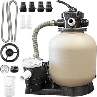 HYDROTOOLS Complete Sand Filter System, 14" Tank - for Above-Ground & Inground Pools Up to 10,500 Gallons, Single Speed Pump, 0.45 THP, 2,400 GPH, 4-Way Multi-Port Valve, 60 lb Capacity