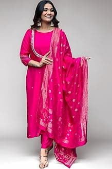 GoSriKi Women's Silk Blend Straight Embroidered Kurta with Pant & Dupatta