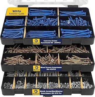 Hardware Concrete Assortment Kit 1625 Pcs- Concrete Screw Set with Assorted Nuts, Bolts, and Wood Screw (3 Trays)