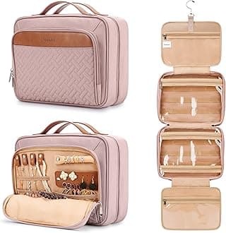Travel Hanging Toiletry Bag for Women, Extra Large Makeup Bag, Holds Full-Size Shampoo, with Jewelry Organizer Compartment, Waterproof Cosmetic Bag, Toiletries Kit Set with Trolley Belt, Baby Pink