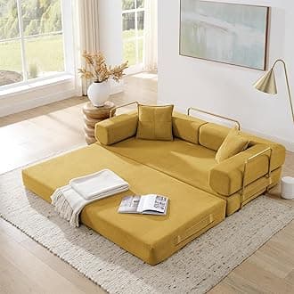 4-in-1 Folding Convertible Sofa Bed, 78 Inch Boneless Couch with Fixed-Shape Frame, Corduroy Loveseat Sleeper with Pull Out Bed, Floor Sofa Modular Futon Couch for Living Room Bedroom Lounge (Yellow)