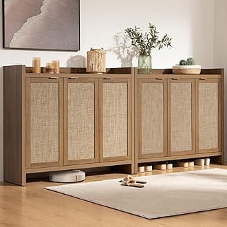 SICOTAS Shoe Storage Cabinet Set of 2, Large Tall Shoe Cabinet, Rattan Shoe Cabinet Storage for Entryway, Farmhouse Cabinet with Doors and Adjustable Shelves for Entryway Hallway Living Room