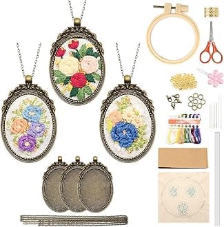 ZOCONE 3 Packs Embroidery Necklace Kit, Embroidery Pendant Kits Mini Cross Stitch Kit with Hoop, Necklace, Pendant, Beads, Stamped Pattern Cloth, Instructions, etc., Embroidery Kits for Adults