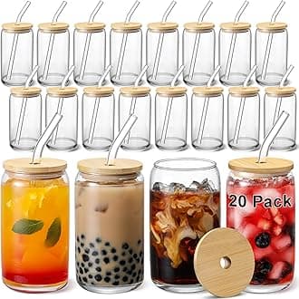 VITEVER [ 20pcs Set ] Glass Cups with Bamboo Lids and Glass Straw - Beer Shaped 16 oz Iced Coffee Drinking Glasses, Cute Tumbler Cup for Smoothie, Boba Tea, Whiskey, Water