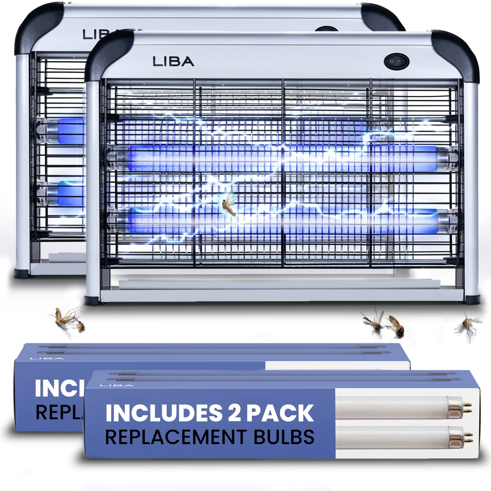 LiBa Electric Bug Zapper (2-Pack) Indoor Insect Killer - (4) Extra Replacement Bulbs - Fly, Mosquito Killer and Repellent - Lightweight, Powerful 2800V Grid, Easy-to-Clean, Removable Washable Tray.