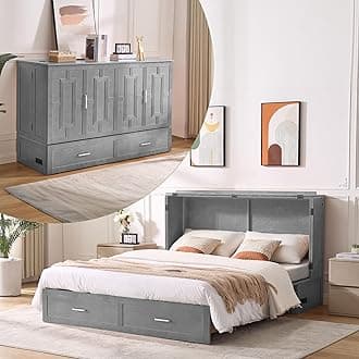 Queen Murphy Bed, Pine Wood Murphy Cabinet Bed with Tri-Folding Mattress,Storage Drawer & USB Charging Station for Living Room Apartment (Grey 1#)