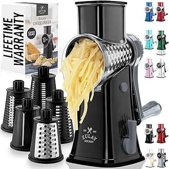 Zulay Kitchen Rotary Cheese Grater 5 Blade Cheese Shredder - Manual Hand Crank Cheese Grater With Reinforced Suction & 5 Interchangeable Drums - Easy to Use, Vegetable Chopper Round Mandoline Slicer