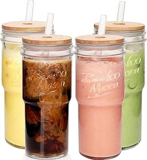 ANOTION Glass Cups with Lids and Straws 4 Packs, 24oz Travel Coffee Mug Bamboo Mason Jar Valentines Party Drinking Jars Glasses Cute Clear Glass Tumbler for Iced Coffee, Smoothie, Tea, Water