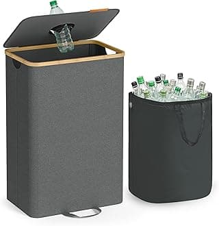 SONGMICS Recycling Bin for Kitchen 26.4 Gallon. Bottle Recycling Container, Collection Bin, for Metal, Plastic, Paper, Glass, Inner Bag with Handles, Kitchen, Slate Gray and Natural Beige URRB509G01