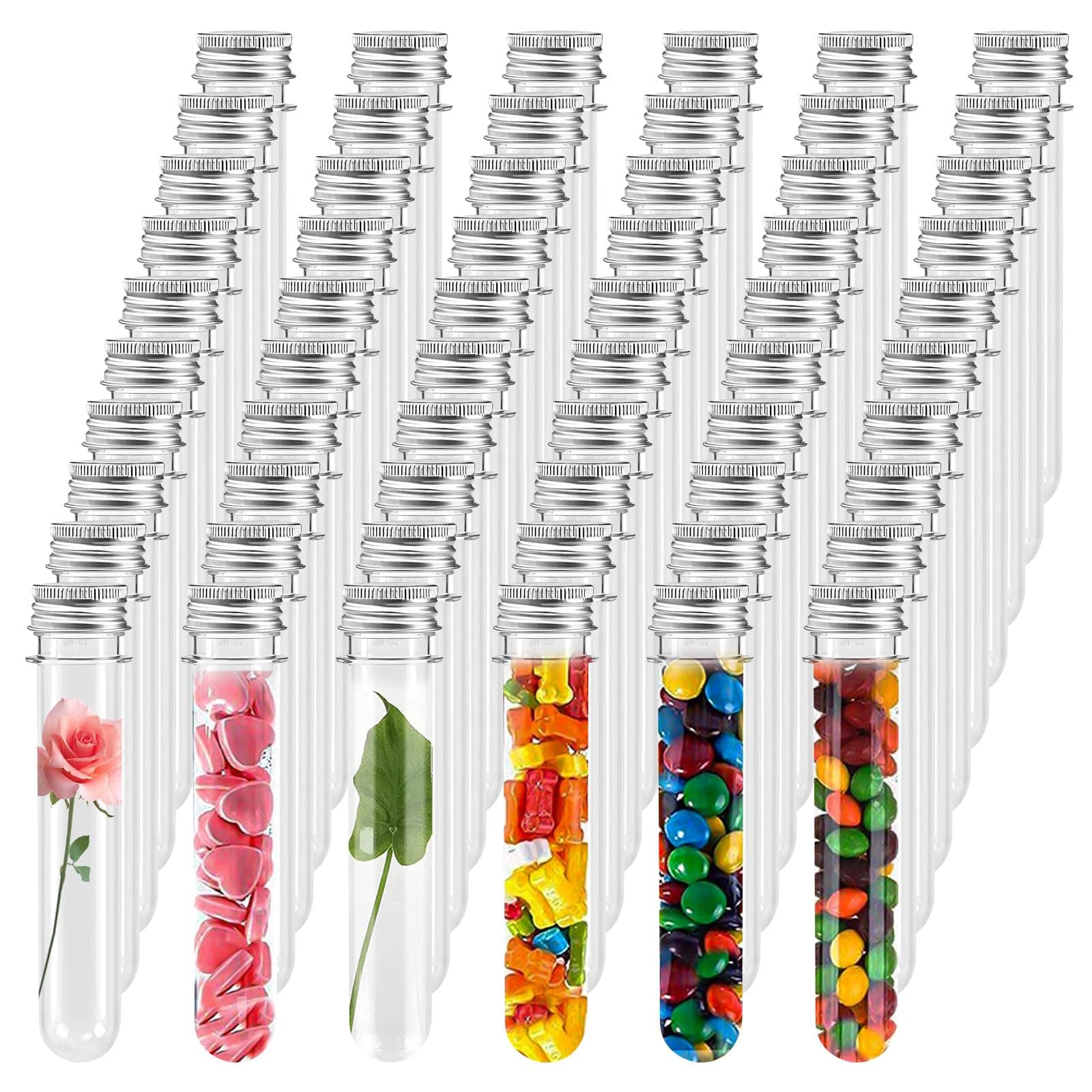 60PCS Clear Plastic Test Tubes, 45ml Test Tubes with Screw Caps, Reusable Transparent Tube Container for Flower Jewelry Spice Liquids Beads Candy Storage Laboratory