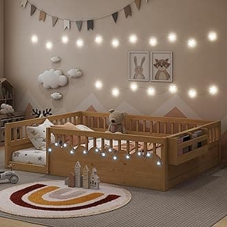 Floor Bed for Kids, Full Size Montessori Beds with High Fence Railings, Wood Playhouse Bed with Rails, Light & Storage for Baby Boys Girls Teens, No Slats Included, Natural