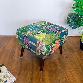 The Artage Puffy Stool for Living Room Sitting Green Printed Premium Foam Cushioned Pouffe Ottoman for Foot Rest Otman for Home Decor Furniture with 4 Wooden Legs (Floral) (Chirpy Greens)