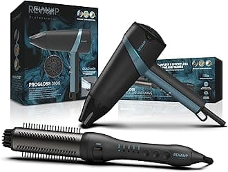 REVAMP Progloss Quad Ionic 3800 Hairdryer - Lightweight, Portable Hairdryer with Concentrator and Volumiser Attachment + Perfect Finish Curl & Waves Brush - Heated Curling Hairbrush