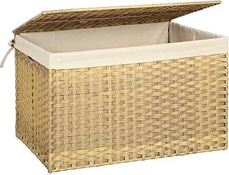 SONGMICS Storage Basket with Lid, 42.3 Gallon (160L) Storage Bin, Woven Blanket Storage Basket with Handles, Foldable, Removable Liner, Metal Frame, for Bedroom, Laundry Room, Natural URST76NL