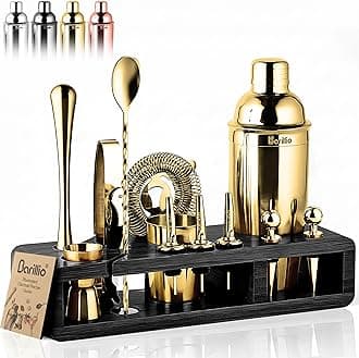 Gold Bartender Kit - Stainless-Steel Cocktail Shaker Set w/Black Bamboo Stand - Mixology Bar Tools w/Drink Shaker, Mixer, and Muddler for Cocktails - Home Bar Accessories - 23-Pc Bar Set
