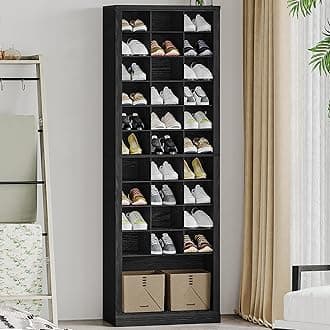 11 Tiers Shoe Storage Cabinet, Tall Shoes Cabinet with Cubby, Freestanding Wooden Shoe Organizer, 30-33 Pairs, Shoes Cubby Organizer for Entryway, Bedroom, Black SR02004X