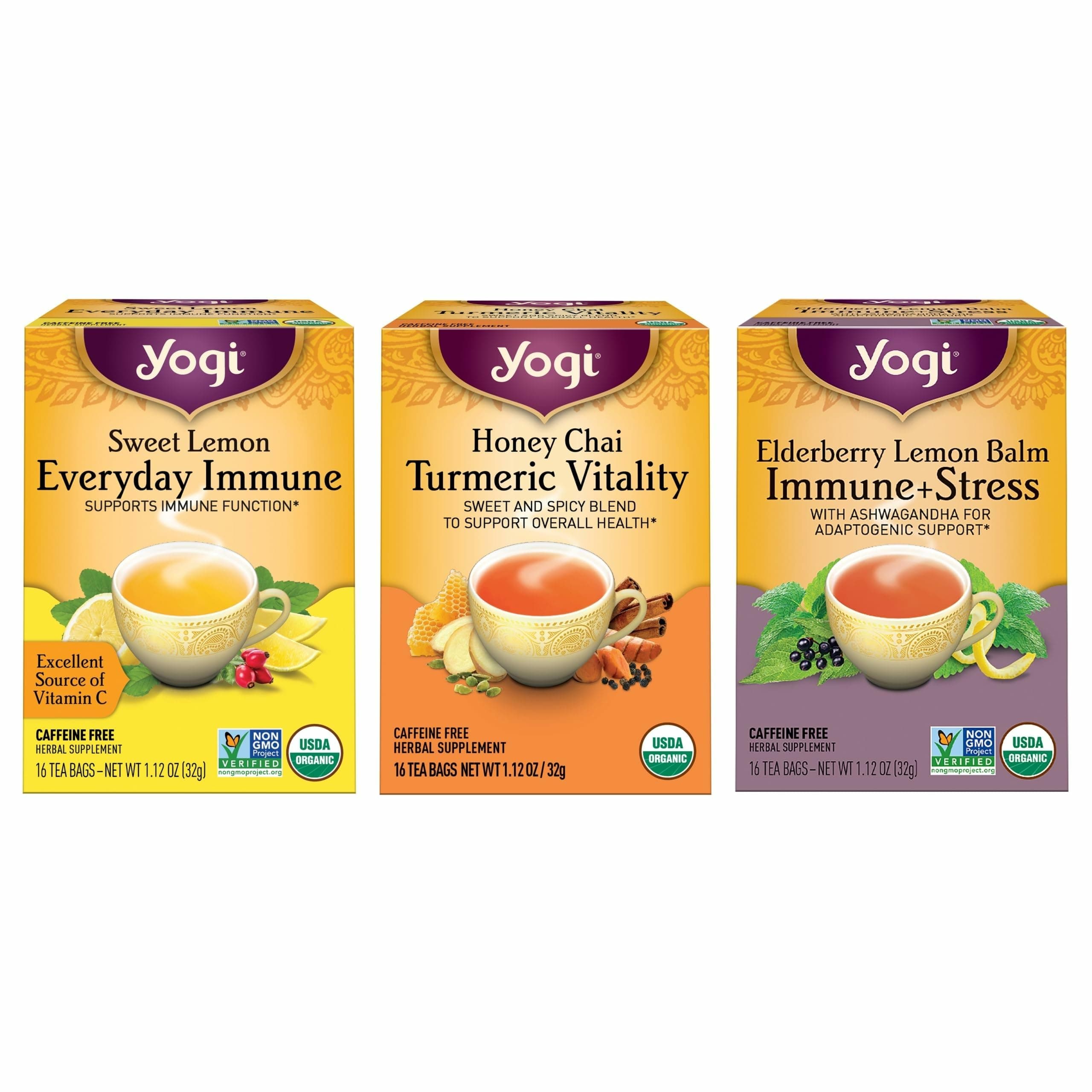 Yogi Tea Immune Support Tea Variety Pack - 16 Bags per Pack (3 Packs) - Immunity Support Sampler Set - Sweet Lemon Everyday Immune, Honey Chai Turmeric Vitality & More