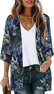 CHICGALWomen's Floral Print Puff Sleeve Kimono Cardigan Loose Cover Up Casual Blouse Tops