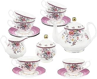 fanquare 21 Piece Porcelain Tea Set Pink Flowers, Royal Ceramic Coffee Set, Coffee Cup and Saucer Set of 6