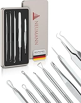 NEUMANN® Blackhead Remover Set (Stainless Steel) for Removing Pimples, Blackheads etc. - Comedone Squeezer, Lifter, Remover - Various Tools: Loops, Tweezers, Piekser [Silver]