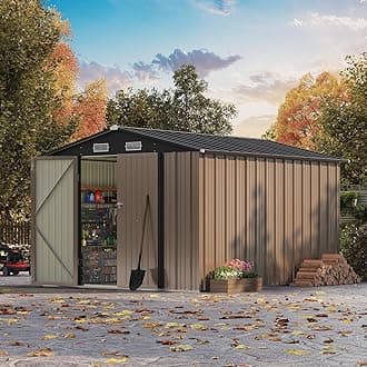 Patiowell 8x10 FT Outdoor Storage Shed, Large Garden Tool Metal Shed with Sloping Roof and Double Lockable Door, Outdoor Shed for Backyard Garden Patio Lawn, Brown