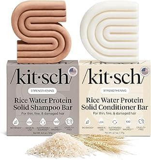 Rice Water Protein Solid Shampoo and Conditioner Set for Hair Growth – Strengthening Hair Care Duo w/Rice Protein & Vitamins for Damage Repair – Paraben, Sulfate & Silicone Free, Made in USA