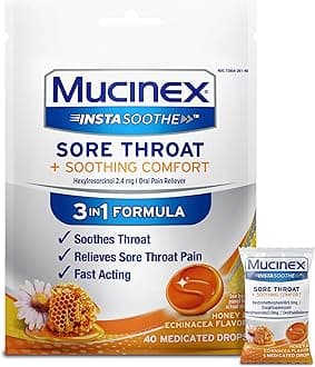 Mucinex Instasoothe Sore Throat Relief Drops, Sore Throat Lozenges, Sore Throat Medicine with Hexylresorcinol, Cough Drops Alternative, Honey & Echinacea Flavor Medicated Numbing Throat Drops, 40 ct