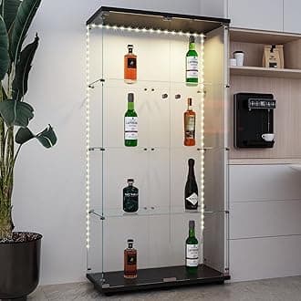 Modern Glass Display Cabinet 4-Shelf with LED Light, Lock and Wheels, 2 Door Curio Cabinets, Tempered Glass Collection Display Showcase for Living Room Home Office,30.9x13.5x65.5 H,Black