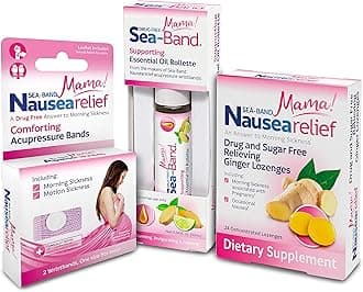 Sea-Band Mama! Nausea Relief Pregnancy Kit with Anti-Nausea Acupressure Bands, Ginger Lozenges & Essential Oil Rollette