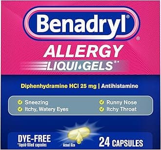 Liqui-Gels Allergy Medicine, Dye-Free Liquid Gel Capsules with 25 mg of Diphenhydramine HCl Antihistamine for Relief of Allergy & Cold Symptoms Like Runny Nose & Sneezing, 24 ct