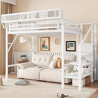 Twin Size Loft Bed with Stairs and Storage, Metal Loft Bed Frame with A Shelf and Large Under-Bed Space, Heavy-Duty Beds for Boys Girls Teens and Kids Room/Studio/Apartment, White