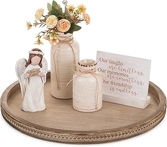 Large Round Decorative Tray: 45cm Coffee Table Beaded Tray Vintage Circle Big Wood Trays Decor Rustic Farmhouse Ottoman Centrepiece Serving Home for Counter