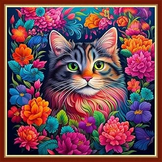 Findvoor Stamped Cross Stitch Kits for Beginners Full Range of Cross Stitching Embroidery Pattern for Adults, 11CT DIY Needlepoint Embroidery Starter Kits-Flower Cat 17.7x17.7 inch