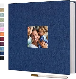 Vienrose Large Adhesive Photo Album Scrapbooking 40 Pages Linen Bound Photo Book DIY Length 33 x Width 32 cm with Blue Metallic Pen