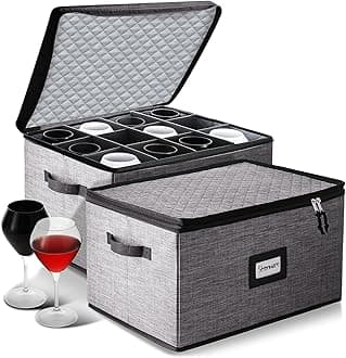 STORAGEBUD Quilted Hard Shell Grey Wine Glass Storage Box, 2 Pack Stackable Stemware Storage Cases, Service of 12 Glassware Storage Containers, 12.5” x 16” x 10”