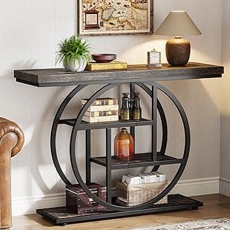 Tribesigns 41.3" Console Table, Industrial 4-Tier Sofa Table Entryway Table with Circle Base, Narrow Wood Accent Tables with Storage Shelves for Living Room, Hallway, Foyer, Charcoal Black