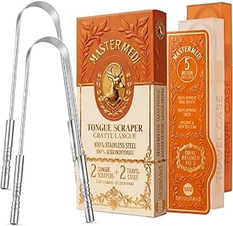 MasterMedi Tongue Scraper with Travel Case (2 Pack), Bad Breath Treatment Tongue Scraper for Adults, Medical Grade 100% Stainless Steel for Oral Care, Easy to Use Tongue Cleaner for Hygiene