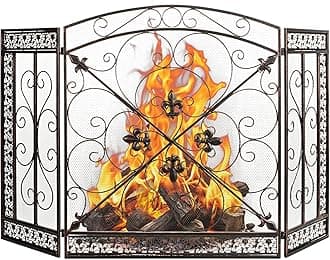 WICHEMI 3 Panel Fireplace Screen for Fireplace Gate Decorative Fireplace Screens Stand Alone 52.4 x 31inch Wrought Iron Black Metal Spark Guard Fireguards Mesh Cover Fence Fire Place Cover (Bronze)